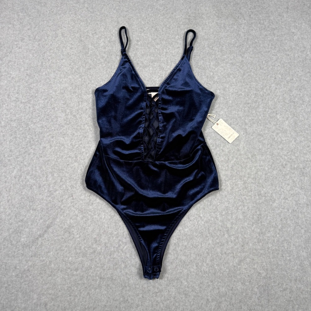 Forever 21 Navy Blue Velvet Lace Up V-Neck Bodysuit Indie Sleeze Medium New